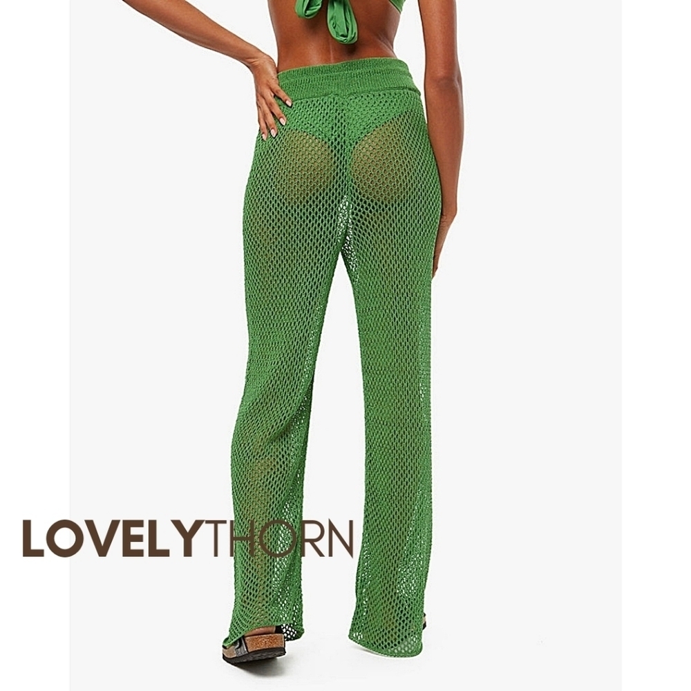 WE WORE WHAT // green crochet drawcord cover-up wide leg Danielle Bernstein - Picture 7 of 10